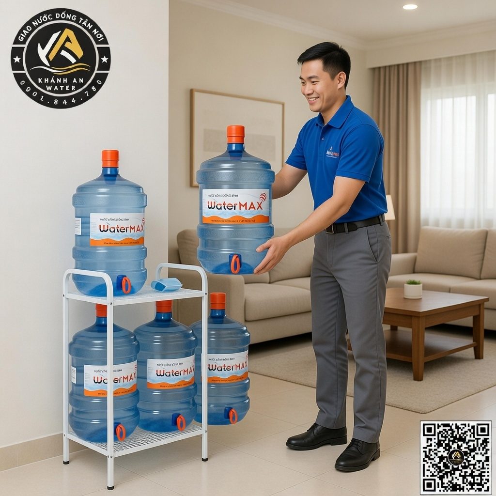 Nhân viên Khánh An Water đang giao nước tận nơi bình WaterMAX 19L cho khách hàng tại nhà.