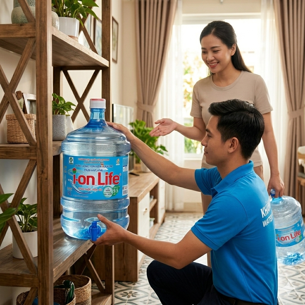 Nhân viên Khánh An Water giao nước Ion Life tận nhà tại Gò Vấp