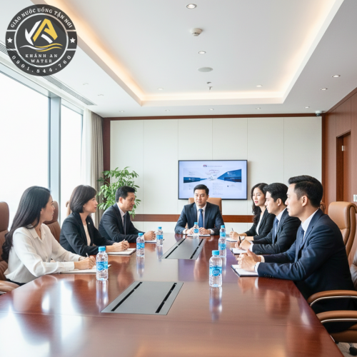 Nhóm nhân viên văn phòng đang họp với các chai nước tinh khiết nhỏ đặt trên bàn gỗ sang trọng.