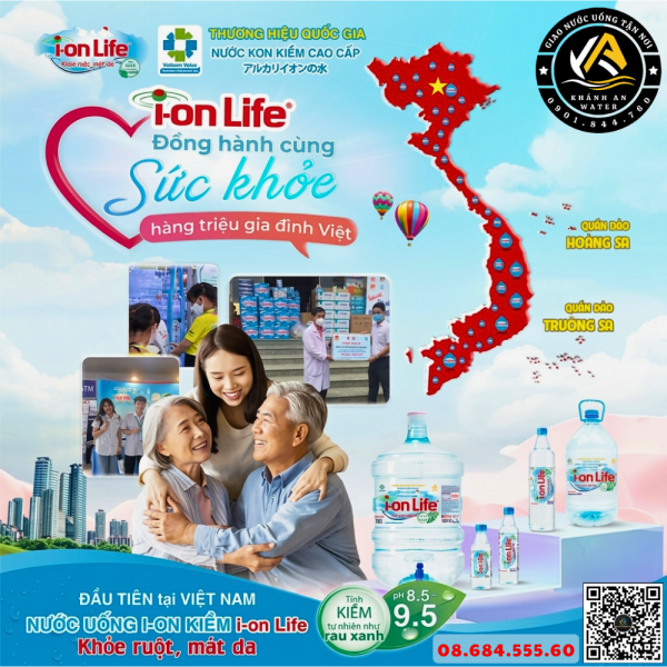 Ảnh quảng cáo nước Ion Kiềm Ion Life, hỗ trợ sức khỏe. Dịch vụ giao nước Ion Life tận nhà nhanh chóng tại khu vực Gò Vấp. Liên hệ hotline 0901.844.760 để đặt nước.